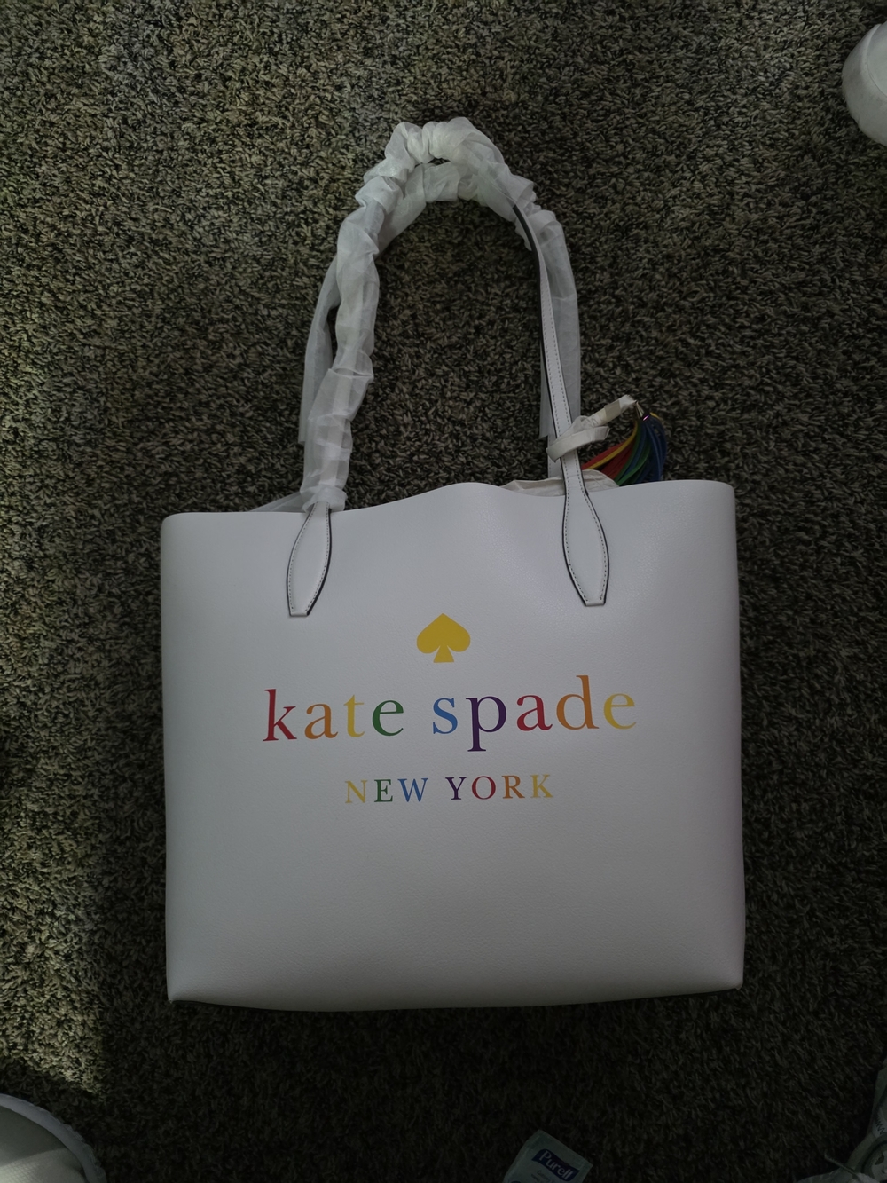 kate spade White Leather Tote with Rainbow Logo